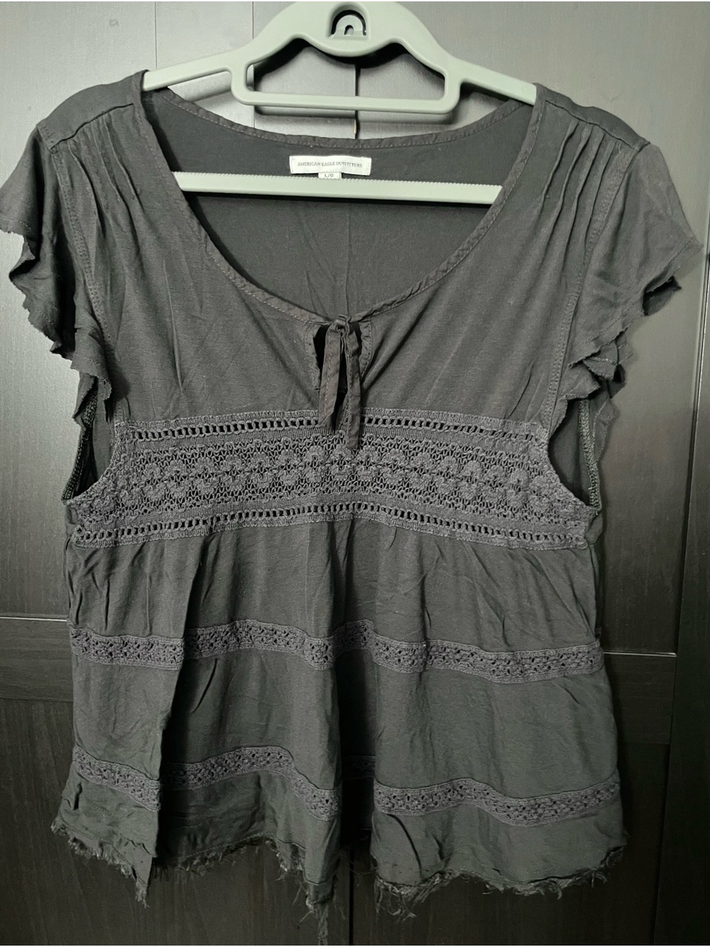 American Eagle Outfitters ~  Gray Crochet-Trim Tie Front Knit Top - Jrs Large